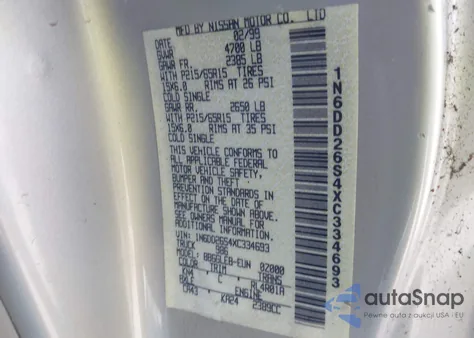 1999 Nissan Frontier Se/Xe z USA, uszkodzony, nr VIN 1N6DD26S4XC334693